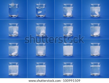 Painkiller tablet in glass of water. Set of photos.