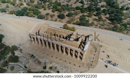 Aerial photo from sky Temple of Concordia due to its good state of preservation Tempio della Concordia in Agrigento is ranked amongst most notable edifices of Greek civilization existing today