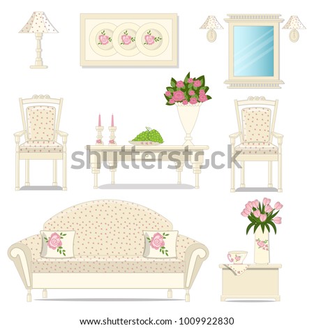 The interior of the living room . Set of antique furniture in the style of Provence. Sofa, chair, mirror, flowers in a vase. Cartoon. Vector