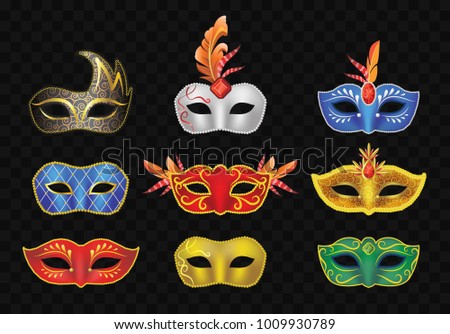 Carnival Mask - realistic modern set of different face vintage garment. Black background. High quality clip art for festival, party, fair presentation, banner, flyer, invitation.