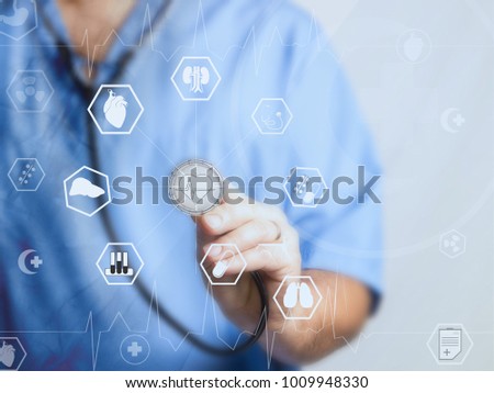 Doctor medicine with stethoscope in a hospital  touching icon network connection with modern virtual screen interface, medical technology network concept