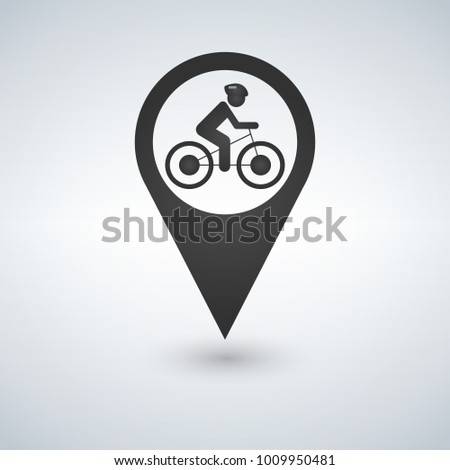 man on bike map pin pointer, concept of biking, bycicle sale, rent-a-bike, trip, vector illustration.