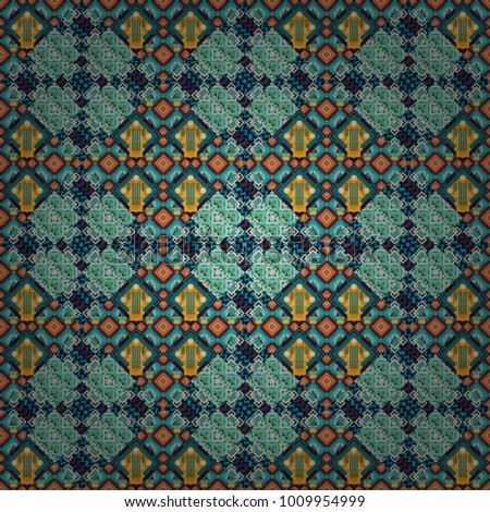 Vector colorful symmetrical seamless pattern for textile, tiles and design in blue, brown and black tones.