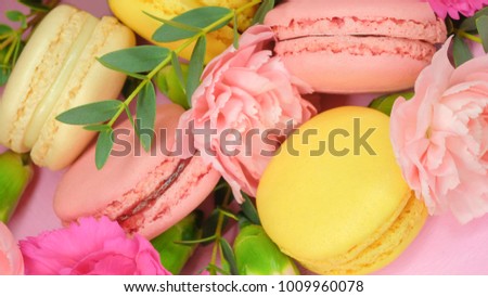 Macarons and cute pink flowers background
