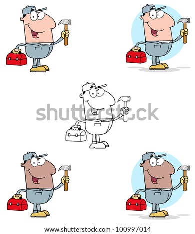 Construction Worker With Hammer And Tool Box. Raster Illustration.Vector version also available in portfolio.