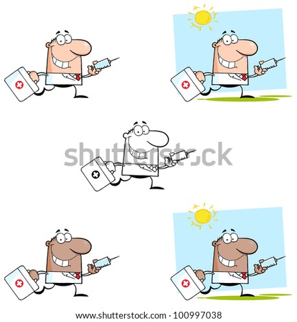 Doctor Running With A Syringe. Raster Illustration.Vector version also available in portfolio.