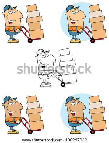 Delivery Man Using A Dolly To Move Boxes. Raster Illustration.Vector version also available in portfolio.