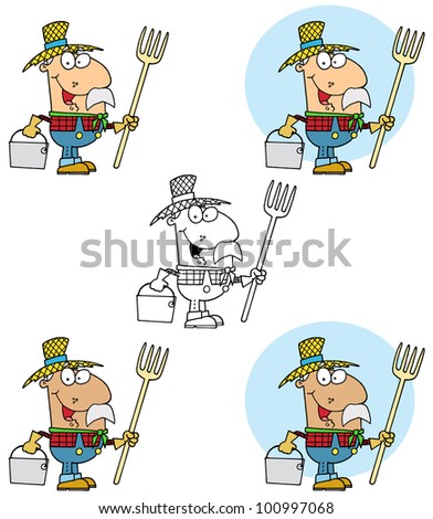 Farmer Carrying A Rake And Pail. Raster Illustration.Vector version also available in portfolio.