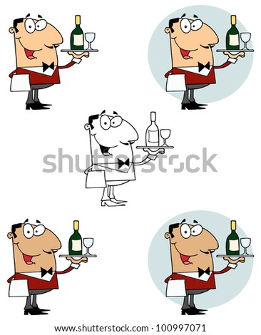 Waiter Serving Wine. Raster Illustration.Vector version also available in portfolio.