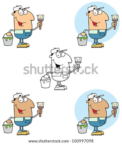 House Painter Holding A Pail And Paintbrush. Raster Illustration.Vector version also available in portfolio.