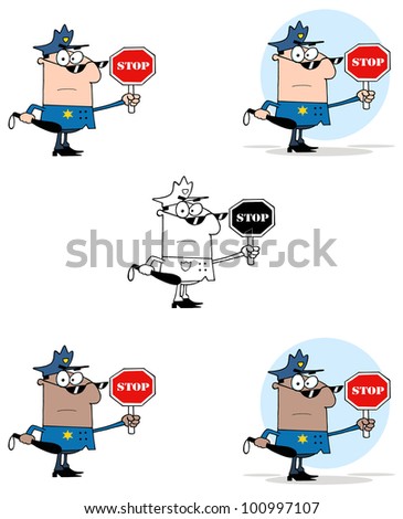 Police Officer Holding A Stop Sign And Club. Raster Illustration.Vector version also available in portfolio.