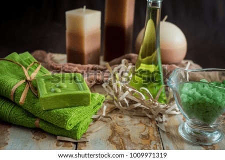 Vintage green spa still life with handmade soap