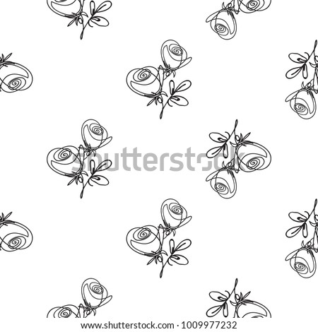 Vector continuos line drawing with line roses. Black simple hand drawn illustration on white background for fabric design. Abstract floral linear seamless pattern.