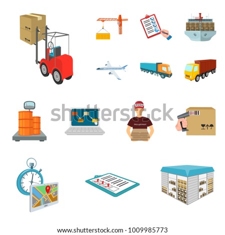 Logistics and delivery cartoon icons in set collection for design. Transport and equipment isometric vector symbol stock web illustration.