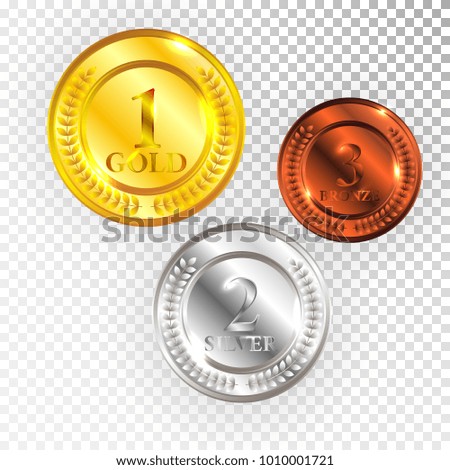 Champion Gold, Silver and Bronze Medal Icon Sign First, Second and Third Place Collection Set Isolated on Transparent Background. Vector Illustration.