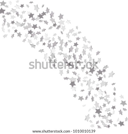 Silver volumetric star-confetti fall on a white background. Falling stars on a white background. Bright design pattern. Suitable for your design, cards, invitations, gift, vip.