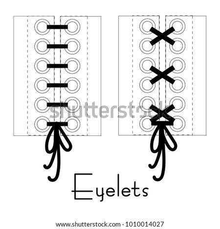 Vector illustration. Corset elements. Tchnical drawing of eyelet fasteners. 