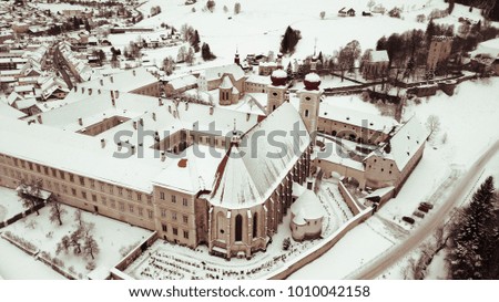 Aerial view of snow covered convent