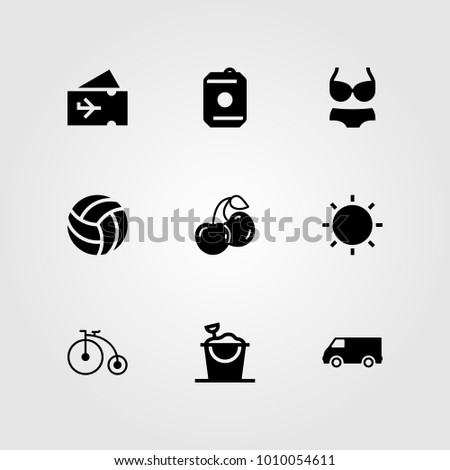 Summertime vector icon set. truck, sand bucket, sun and cherry
