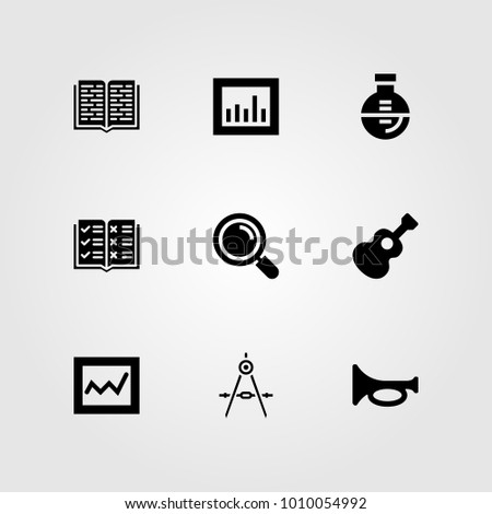 Education vector icon set. guitar, analytics, compass and loupe