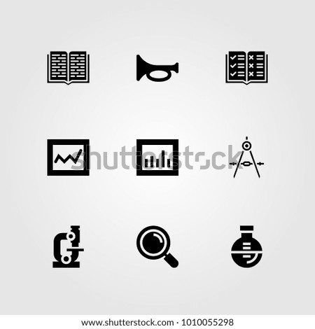Education vector icon set. trumpet, analytics, microscope and open book