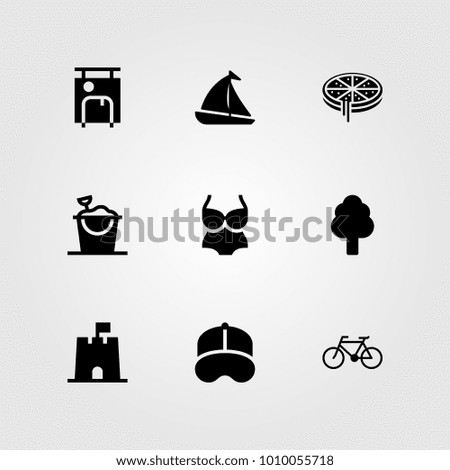 Summertime vector icon set. tree, sailboat, bicycle and sand bucket