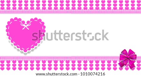 Cute template with pink hearts pattern, space for text and big lace heart sticker  and bow. Vector border, frame, banner, poster for valentine's festive, love, wedding or baby girl  design.