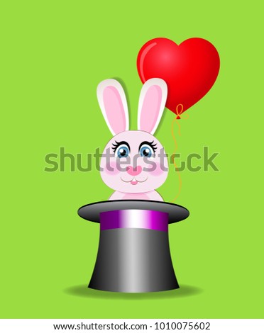 Cute cartoon pink rabbit with red heart shaped balloon sitting in the black magic cylinder hat isolated on green background. illustration, icon, clip art. Element for greeting card design.