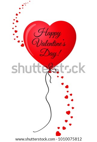 Ruby red realistic heart shaped helium balloon with vertical wave made of many red different-sized hearts and happy valentine's day
inscription  isolated on white background. illustration.