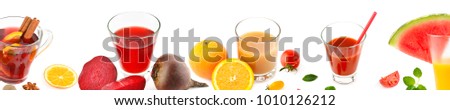 Vegetables and fruit juices isolated on white background. Wide photo with free space for text. Panoramic collage.