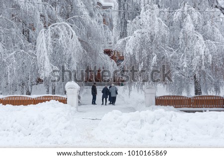Photo of the Winter cityscape with a street, big trees in the snow with walking people