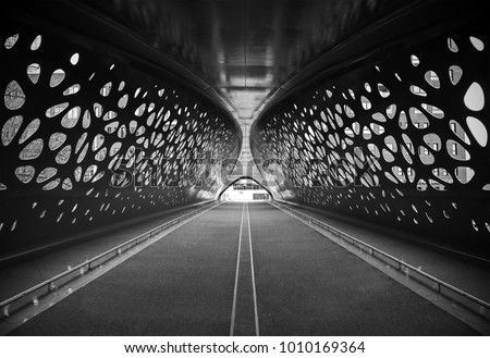 Artistic black and white photograph of a bridge in the city of Antwerp expressing symmetry, Belgium.