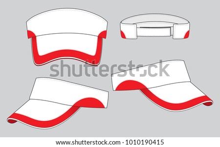Set Sport Sun Visor Cap Design Curve Style White-Red With Adjustable Hook And Loop Strap Vector.