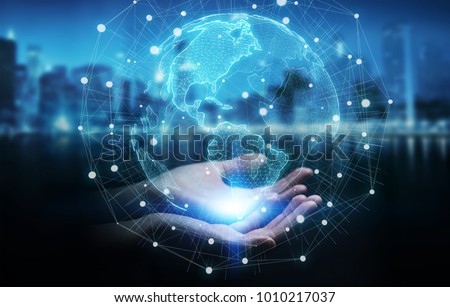 Businesswoman on blurred background using USA world map interface 3D rendering