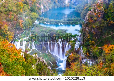 Beautiful waterfall autumn in  Plitvice National Park, Croatia Royalty-Free Stock Photo #1010228113