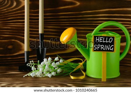 Flowers, garden watering can and different gardening instruments with hello spring sign on wooden table