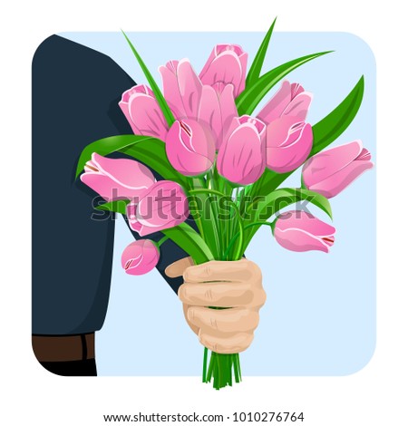 A man's hand gives a bouquet of pink tulips. Flowers for the birthday, 8 March, Valentine's Day, anniversary. For gift cards, banners. Isolated on white background, vector illustration.