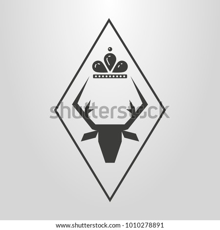 black and white simple vector symbol of deer head with a crown in a rhombus frame