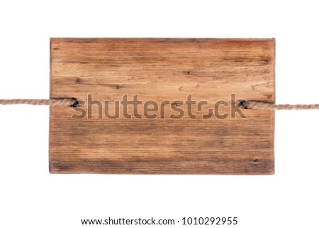 Wooden light signboard hanging on two ropes. Isolated on white background. Natural patterns, texture