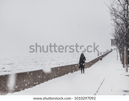 The female silhouette on the embankment of a frozen river in a heavy snowfall.
