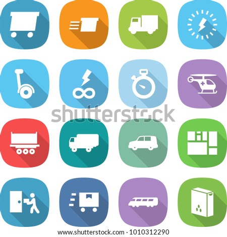flat vector icon set - delivery vector, truck, lightning, gyroscooter, infinity power, stopwatch, ambulance helicopter, shipping, car, consolidated cargo, courier, fast deliver, speed train, cereals