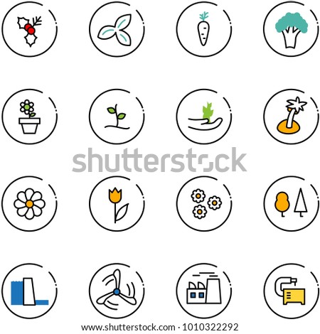 line vector icon set - holly vector, three leafs, carrot, broccoli, flower pot, sproute, hand, palm, tulip, forest, water power plant, wind mill, machine tool