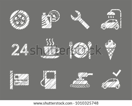 Repair and maintenance of the car. Related products. Monochrome icons. Hatching a white pencil. Simulation. Vector clip art. 