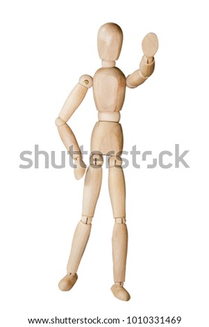 Wooden mannequin trying to represent human movements in moving actions isolated on a white background. Anatomical model shows by hands gesture to stop.