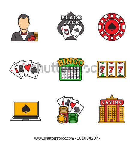 Casino color icons set. Croupier, blackjack, casino chip, four aces, lucky seven, bingo, online poker, casino building. Isolated raster illustrations