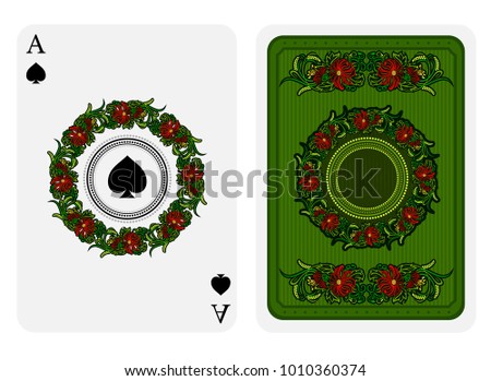 Ace of spades face with spades in center of color flower pattern round frame and back with floral pattern on green suit. Vector card template