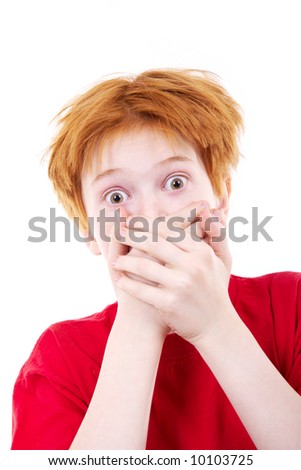 Red teen was frightened. The white background isolated