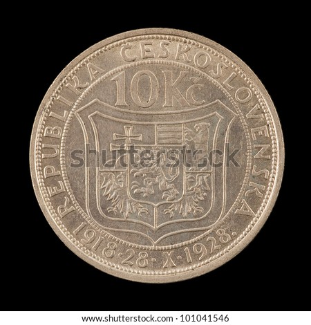 The old czechoslovakia coin on the black background