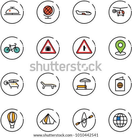line vector icon set - client bell vector, globe, small plane, helicopter, bike, tunnel road sign, intersection, map pin, lounger, inflatable pool, passport, air balloon, tent, kayak