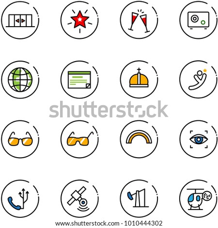 line vector icon set - automatic doors vector, christmas star, wine glasses, safe, globe, schedule, crown, flying man, sunglasses, rainbow, eye scanner, phone, satellite, oil derrick, helicopter toy